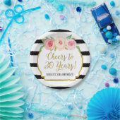 ブラックストライプフラワーズ応援トゥ30年誕生日 ペーパープレート (パーティー)