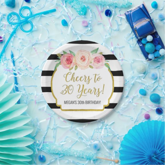 ブラックストライプフラワーズ応援トゥ30年誕生日 ペーパープレート (パーティー)