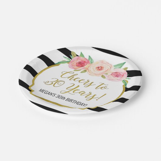 ブラックストライプフラワーズ応援トゥ30年誕生日 ペーパープレート (アングル)