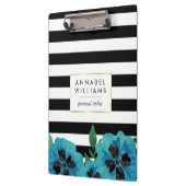 ブラックストライプフローラとブルーのクリップボパーソナライズされたード クリップボード (左)