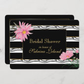ブラックストライプフローラとレースピンクブライダルシャワー 招待状 (正面/裏面)