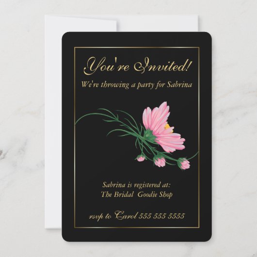 ブラックストライプフローラとレースピンクブライダルシャワー 招待状 (裏面)