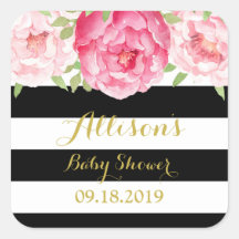 ブラックストライプフローラピンク赤ちゃんシャワーメッセージカード