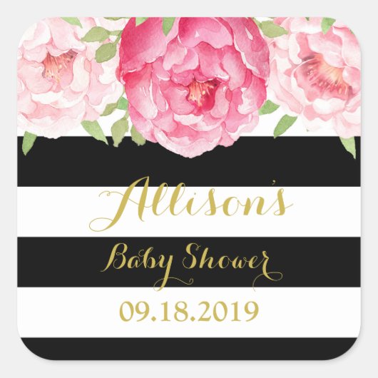 ブラックストライプフローラピンク赤ちゃんシャワーメッセージカード スクエアシール (正面)