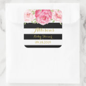 ブラックストライプフローラピンク赤ちゃんシャワーメッセージカード スクエアシール (バッグ)