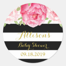 ブラックストライプフローラピンク赤ちゃんシャワーメッセージカード