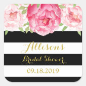 ブラックストライプフローラブライダルシャワーメッセージカード スクエアシール (正面)