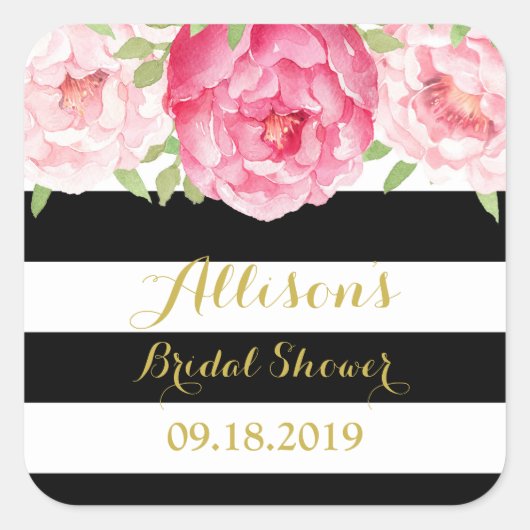 ブラックストライプフローラブライダルシャワーメッセージカード スクエアシール (正面)