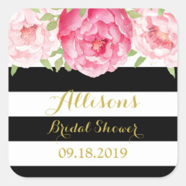 ブラックストライプフローラブライダルシャワーメッセージカード スクエアシール