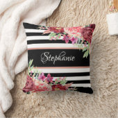 ブラックストライプフローラブルゴーニュパーソナライズされた クッション (ブランケット)