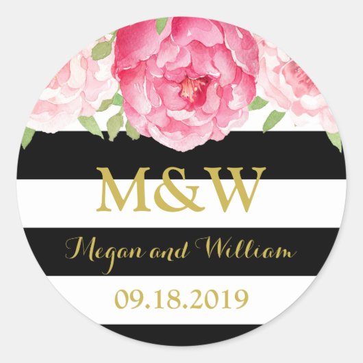ブラックストライプフローラモノグラム結婚式の引き出物ラベル ラウンドシール (正面)