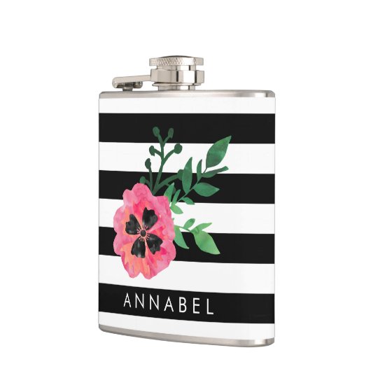 ブラックストライプフローラ&ピンクパーソナライズされたフラスコ フラスク (左)