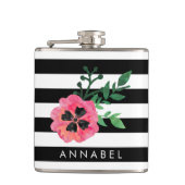 ブラックストライプフローラ&ピンクパーソナライズされたフラスコ フラスク (正面)