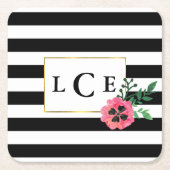 ブラックストライプフローラ&ピンクモノグラムコースター スクエアペーパーコースター (正面)