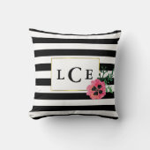 ブラックストライプフローラ&ピンクモノグラム装飾用クッション クッション (正面)