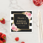 ブラックストライプブライダルシャワーピンクウォーターカラーフローラ スタンダードカクテルナプキン (インサイチュ)