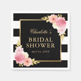 ブラックストライプブライダルシャワーピンクウォーターカラーフローラ スタンダードカクテルナプキン