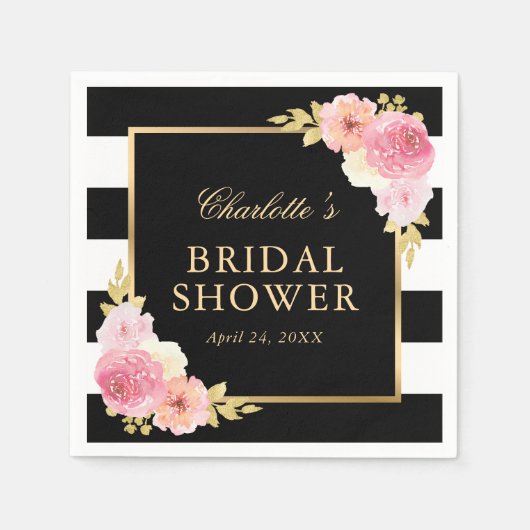 ブラックストライプブライダルシャワーピンクウォーターカラーフローラ スタンダードカクテルナプキン (正面)