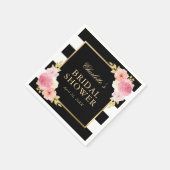 ブラックストライプブライダルシャワーピンクウォーターカラーフローラ スタンダードカクテルナプキン (角)