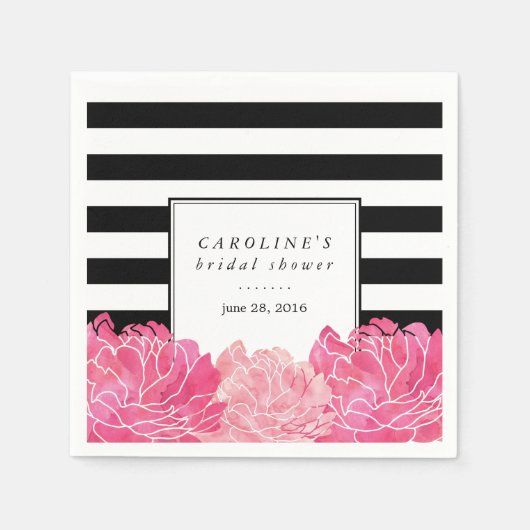ブラックストライプブライダルシャワー&ピンク牡丹 スタンダードカクテルナプキン (正面)