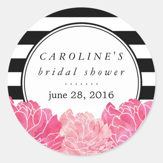 ブラックストライプブライダルシャワー&ピンク牡丹 ラウンドシール (正面)