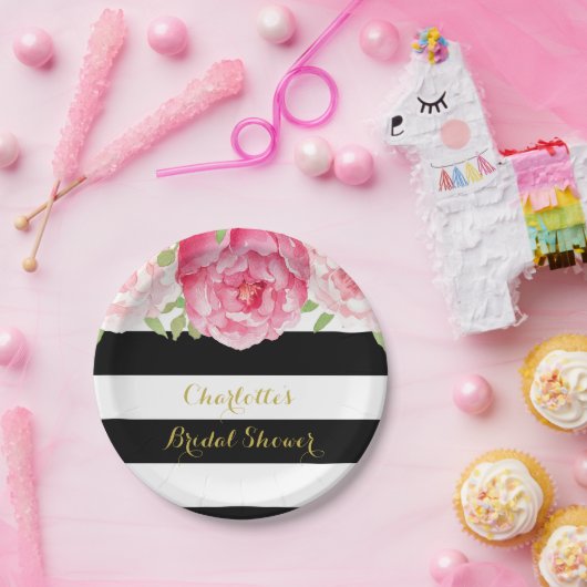 ブラックストライププレートピンクウォーターカラーブライダルシャワー ペーパープレート (パーティー)