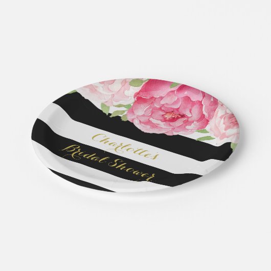 ブラックストライププレートピンクウォーターカラーブライダルシャワー ペーパープレート (アングル)