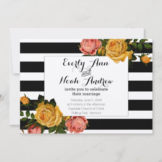 ブラックストライプヘイルームピンクイエローローズ結婚ズ 招待状 (正面)