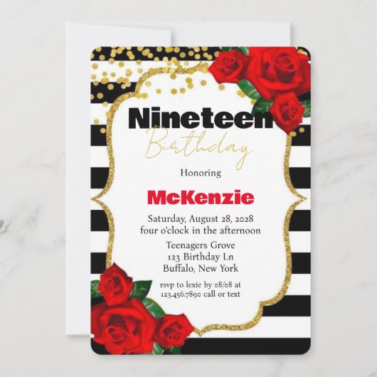 ブラックストライプローズガール19thバースデーパーティー 招待状 (正面)
