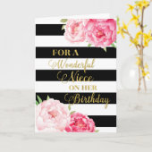 ブラックストライプ誕生日ピンクの花姪の花カード カード (黄色い花)