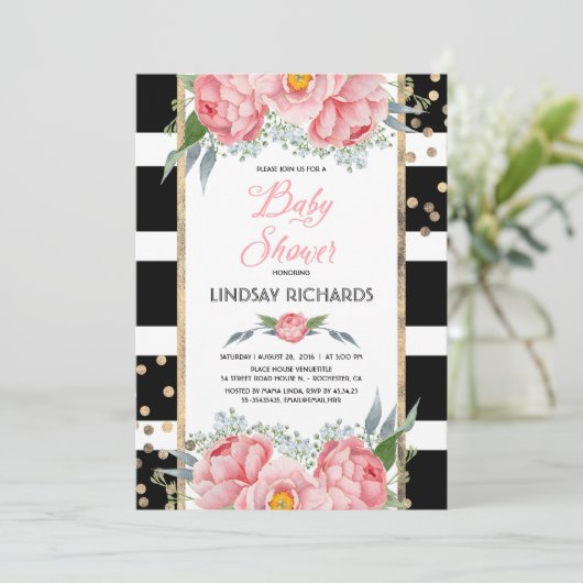 ブラックストライプ金ゴールドとピンクのフローラ赤ちゃんシャワー 招待状 (スタンド正面)