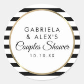 ブラックストライプ金ゴールドエレガントカップルブライダルシャワー ラウンドシール (正面)