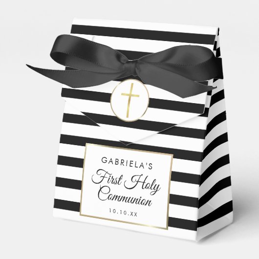 ブラックストライプ金ゴールドエレガントファースト聖餐式 フェイバーボックス (正面サイド)