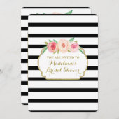 ブラックストライプ金ゴールドピンクフローラブライダルシャワー 招待状 (正面/裏面)