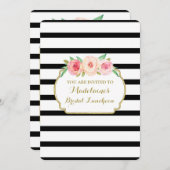 ブラックストライプ金ゴールドピンクフローラブライダルランチ 招待状 (正面/裏面)
