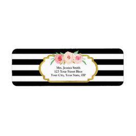 ブラックストライプ金ゴールドピンクフローラ差出人住所ラベル ラベル