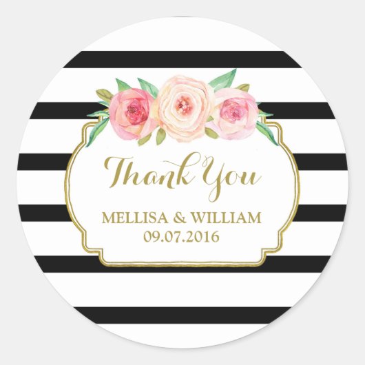 ブラックストライプ金ゴールドピンクフローラ結婚式の引き出物ラベル ラウンドシール (正面)