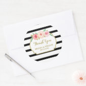 ブラックストライプ金ゴールドピンクフローラ結婚式の引き出物ラベル ラウンドシール (封筒)