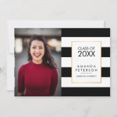 ブラックストライプ金ゴールドフェイクフレーム卒業招待状 招待状 (正面)