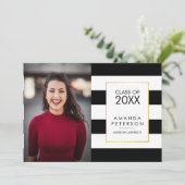 ブラックストライプ金ゴールドフェイクフレーム卒業招待状 招待状 (スタンド正面)