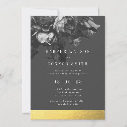 ブラックストライプ金ゴールドローズ結婚ブーケ 招待状 (正面)