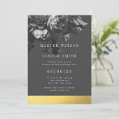 ブラックストライプ金ゴールドローズ結婚ブーケ 招待状 (スタンド正面)