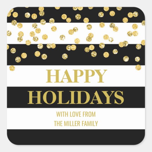 ブラックストライプ金ゴールド紙吹雪ハッピーホリデーカスタムズ スクエアシール (正面)