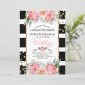 ブラックストライプ金ゴールド紙吹雪ピンク結婚フローラ 招待状 (スタンド正面)