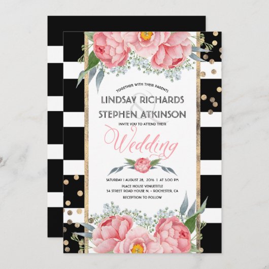 ブラックストライプ金ゴールド紙吹雪ピンク結婚フローラ 招待状 (正面/裏面)