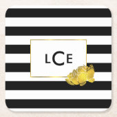 ブラックストライプ金ゴールド&ピーニーモノグラムコースター スクエアペーパーコースター (正面)