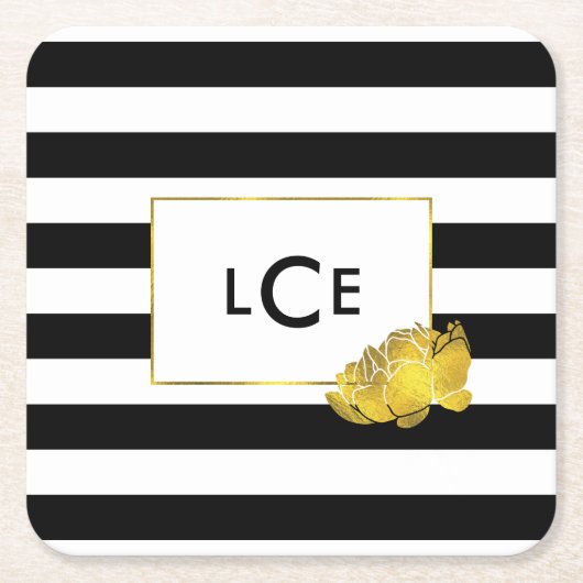 ブラックストライプ金ゴールド&ピーニーモノグラムコースター スクエアペーパーコースター (正面)