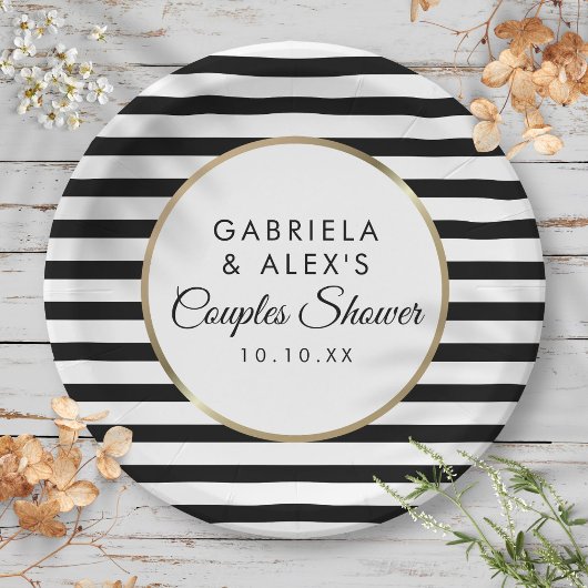 ブラックストライプ エレガントゴールド カップル ブライダルシャワー ペーパープレート