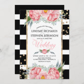 ブラックストライプ ゴールド コンフェッティ ピンク フラワーの結婚式 招待状 (正面/裏面)