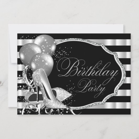 ブラックストライプ シルバー ハイ ヒール 誕生日パーティー 招待状 (正面)